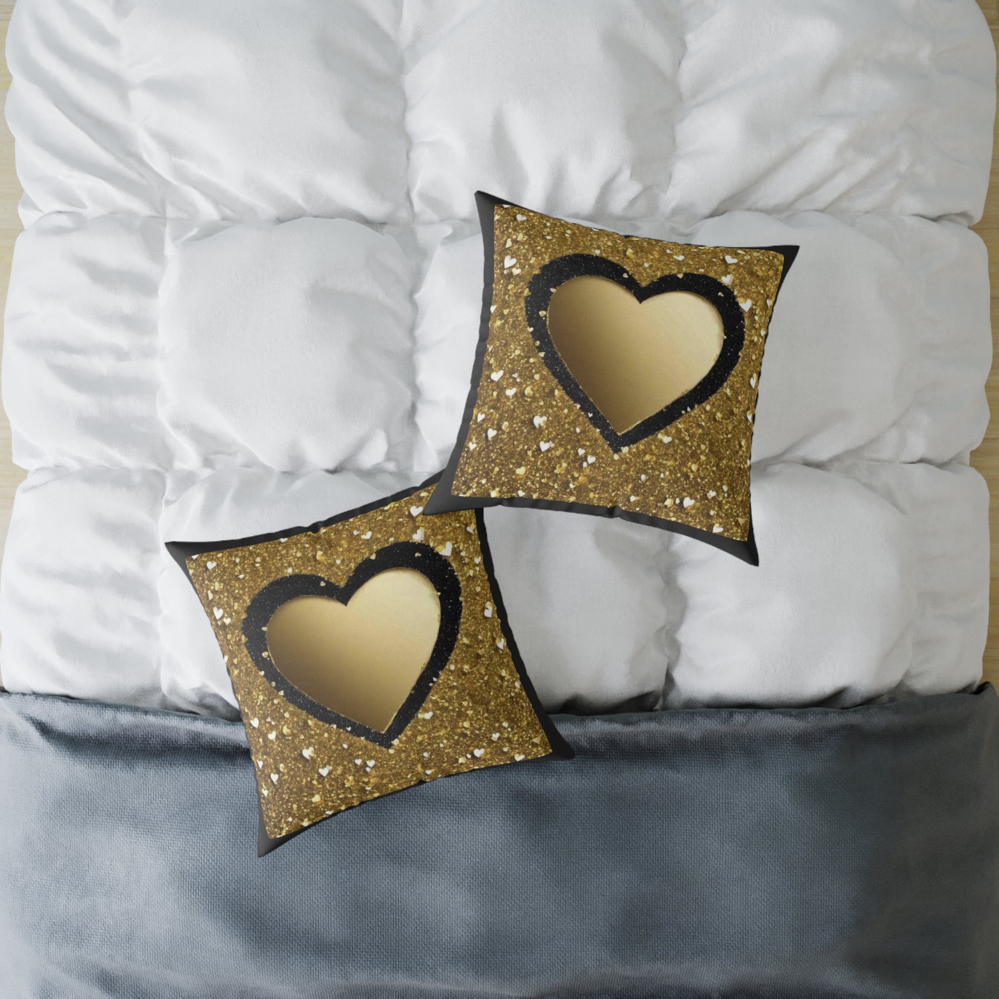 Gold Glitter Heart Pillow — Decorative Square Accent Cushion