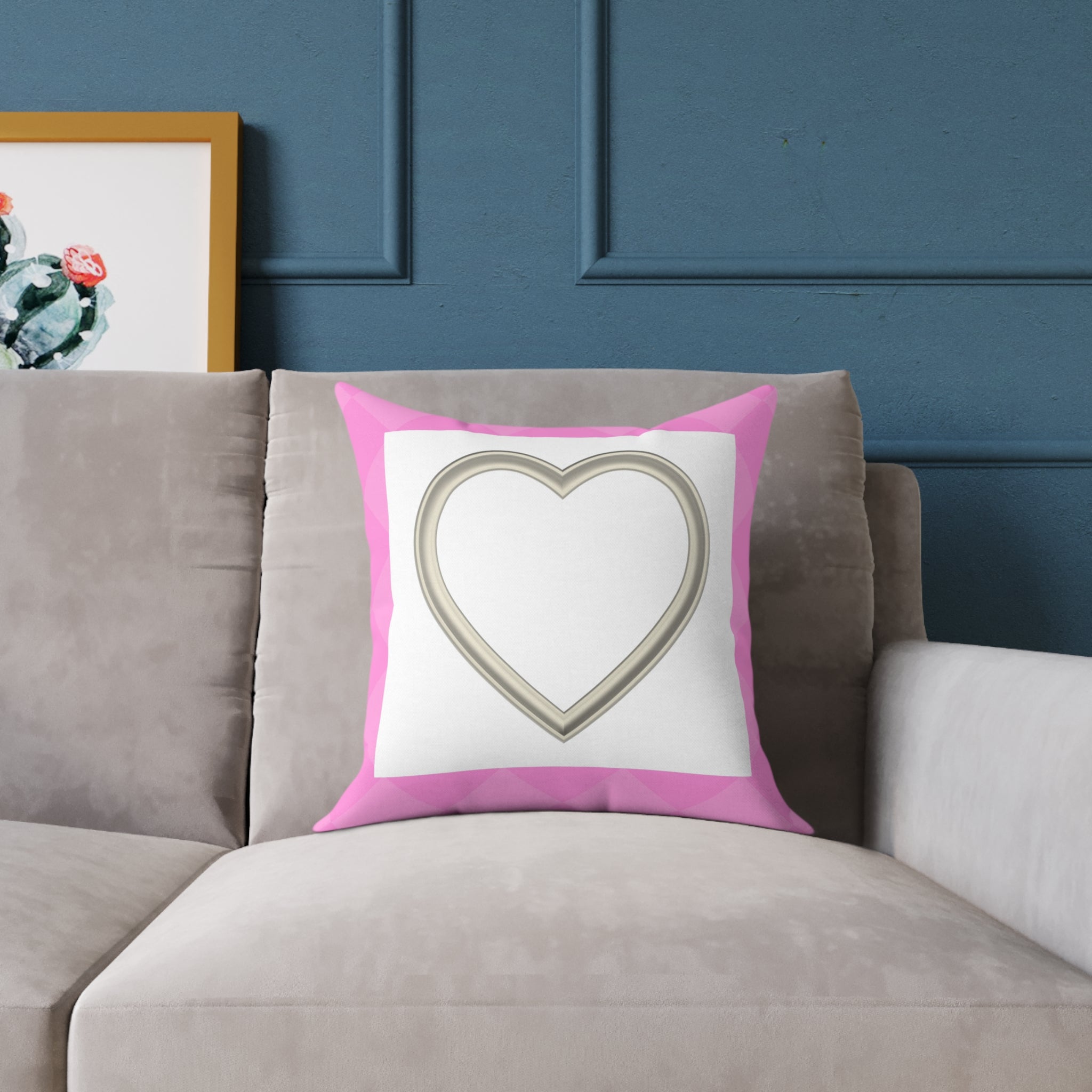 Heart Frame Square Pillow — Pink Accent Decorative Throw Pillow