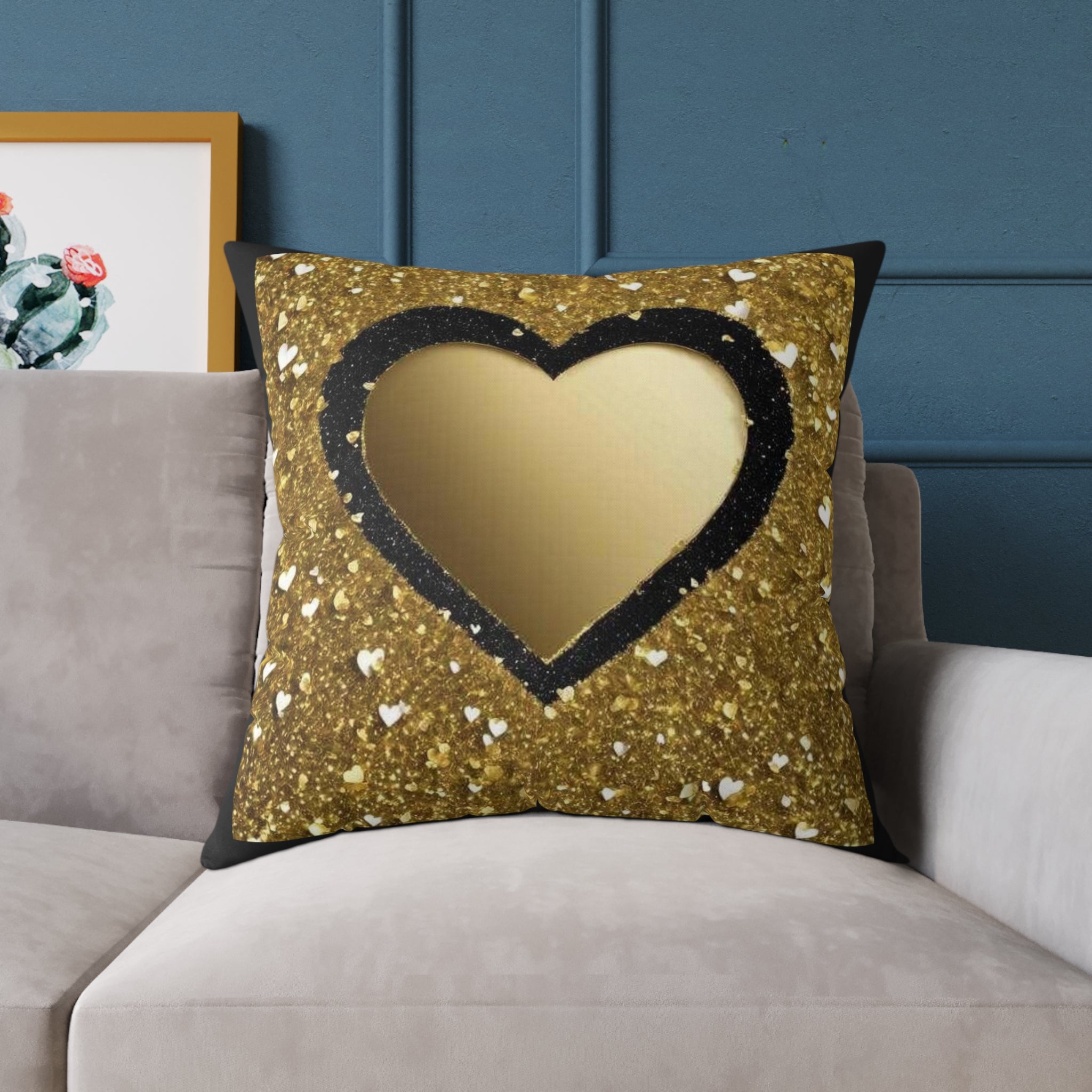 Gold Glitter Heart Pillow — Decorative Square Accent Cushion