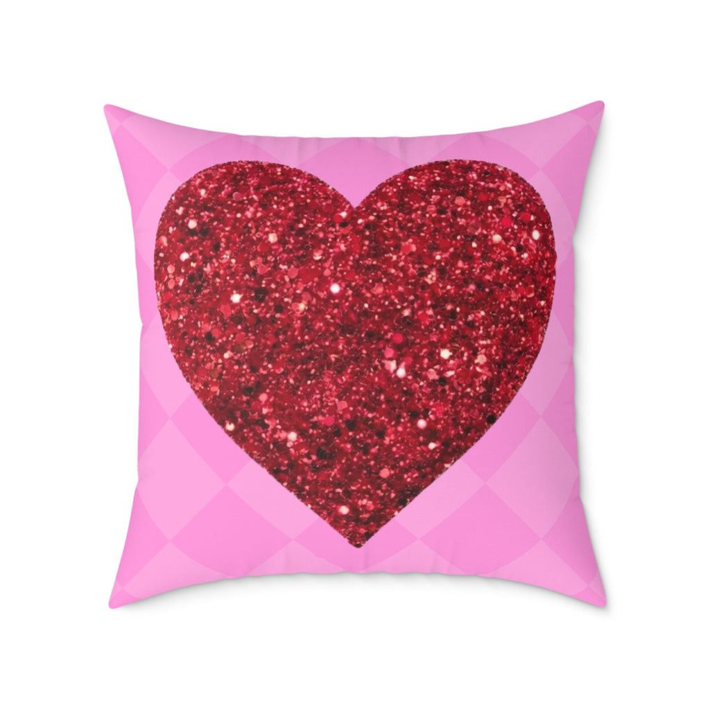 Valentine Glitter Heart Pillow - Pink Square Decorative Throw Cushion