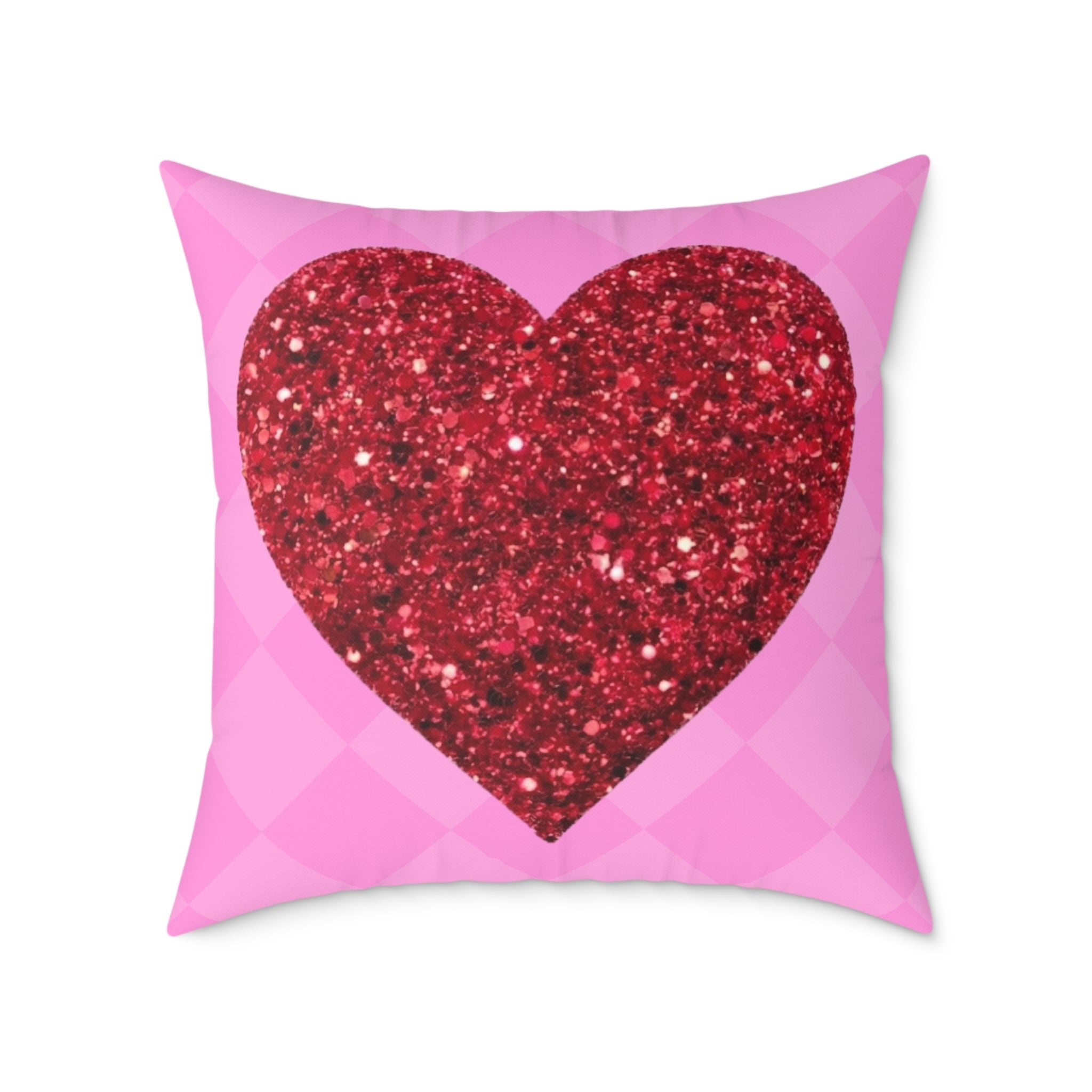 Valentine Glitter Heart Pillow - Pink Square Decorative Throw Cushion