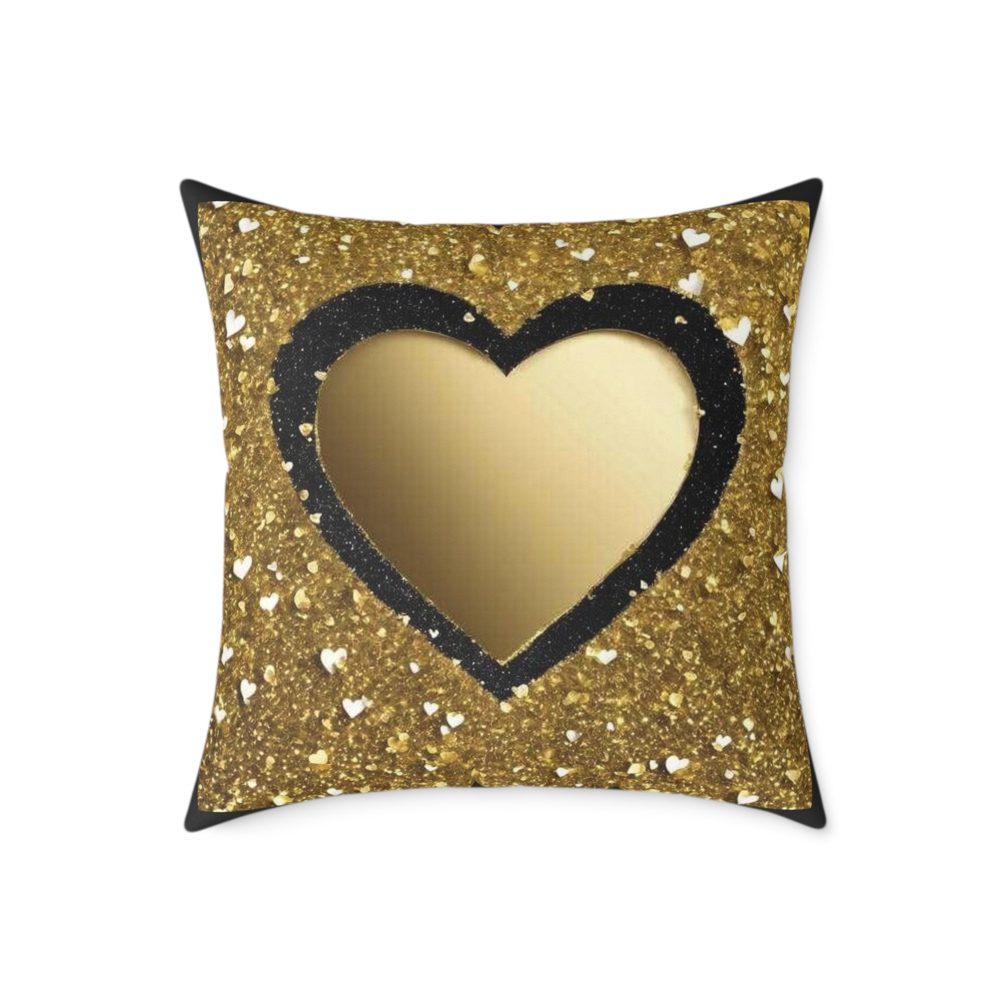 Gold Glitter Heart Pillow — Decorative Square Accent Cushion