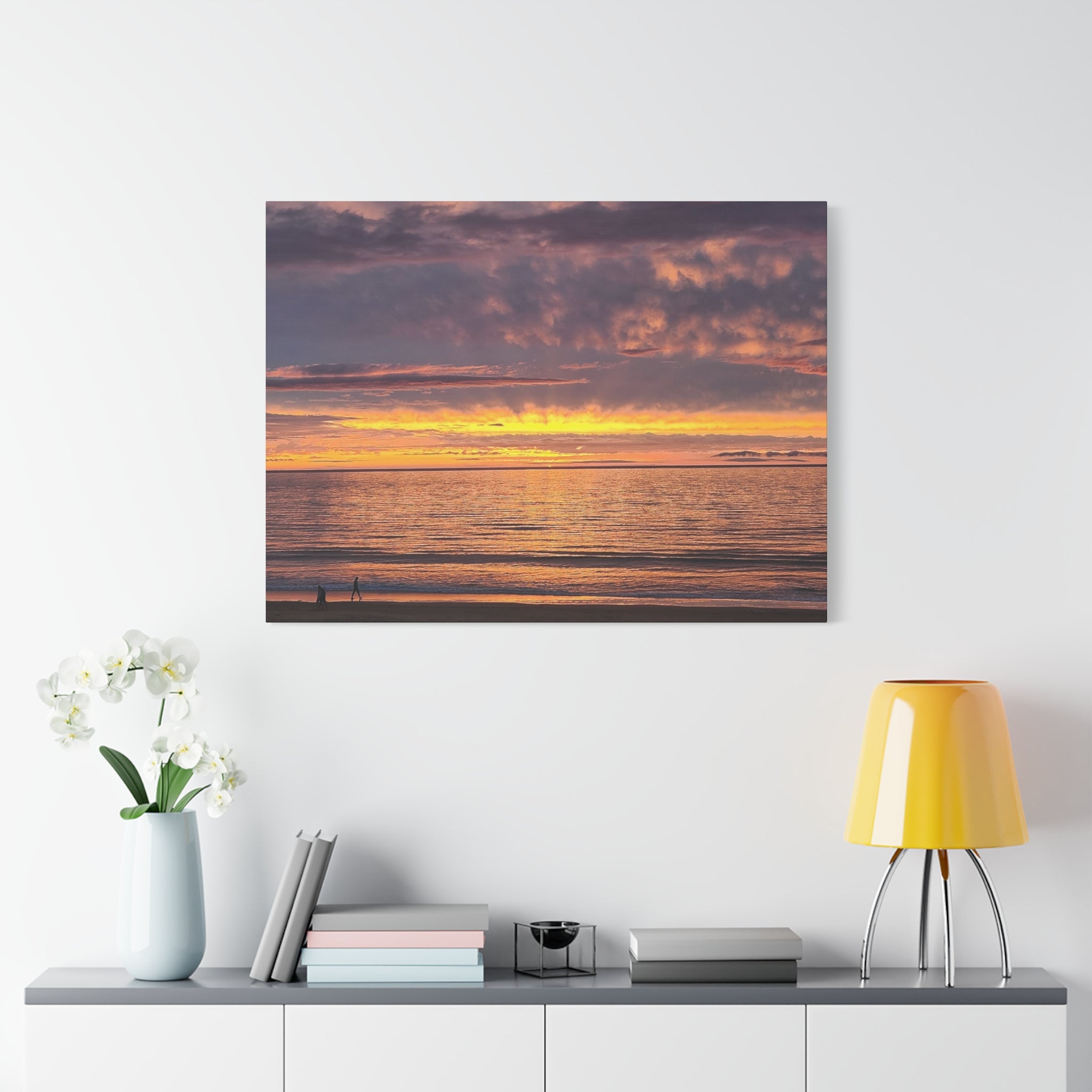 Relaxing Sunset Beach Canvas Wall Art — Golden Ocean Sunset Photography