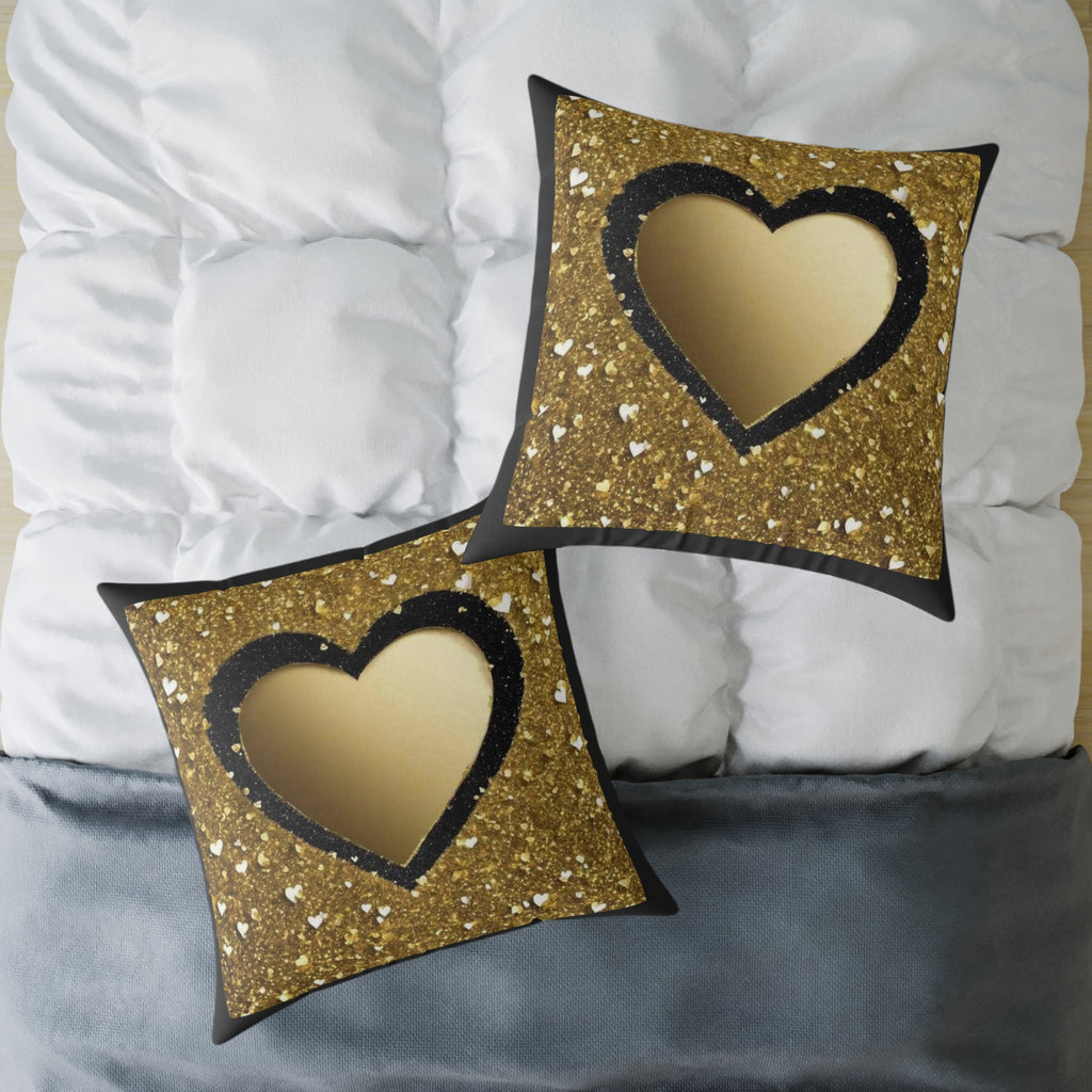 Gold Glitter Heart Pillow — Decorative Square Accent Cushion