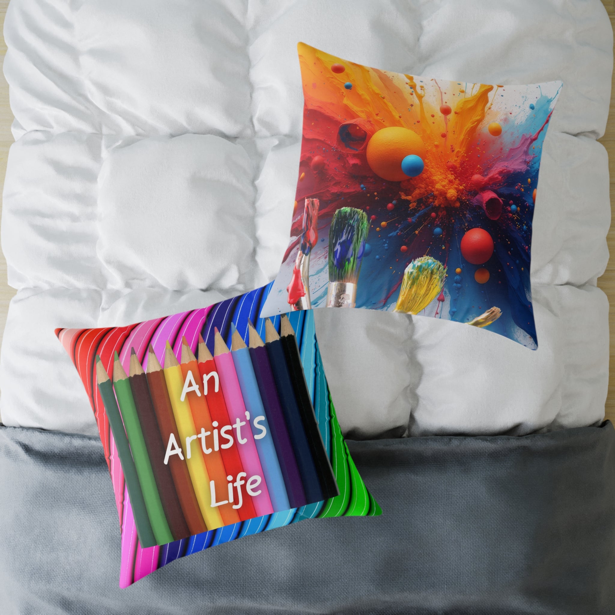 Artistic Square Throw Pillow - 'An Artist's Life' Colored Pencils / Abstract Paint Splash Decor
