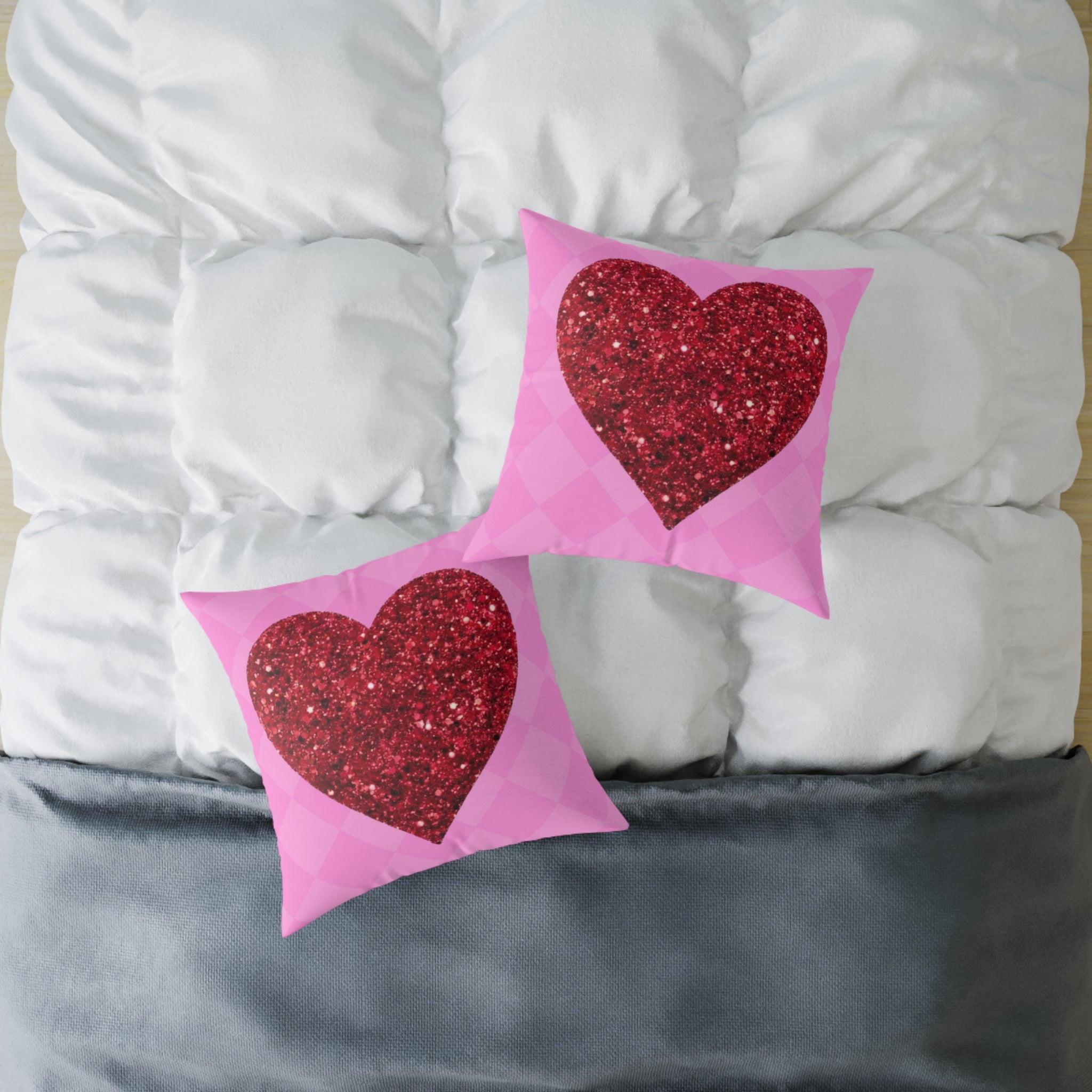 Valentine Glitter Heart Pillow - Pink Square Decorative Throw Cushion