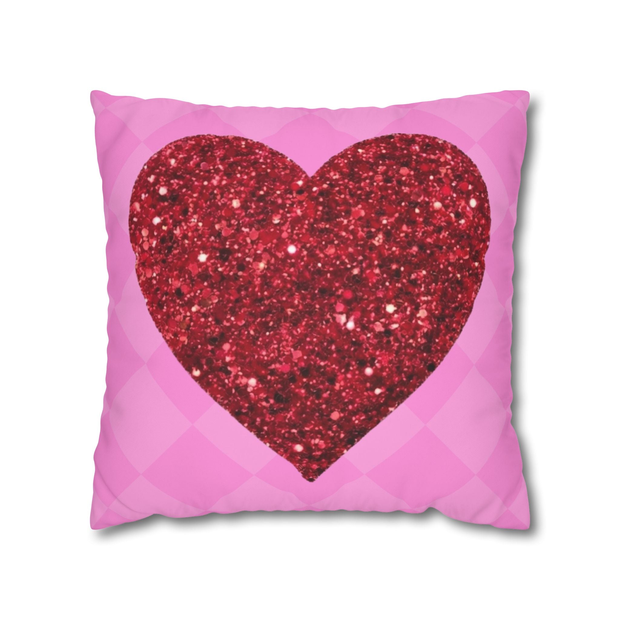 Valentine Glitter Heart Pillowcase — Pink Square Decorative Throw Pillow Cover