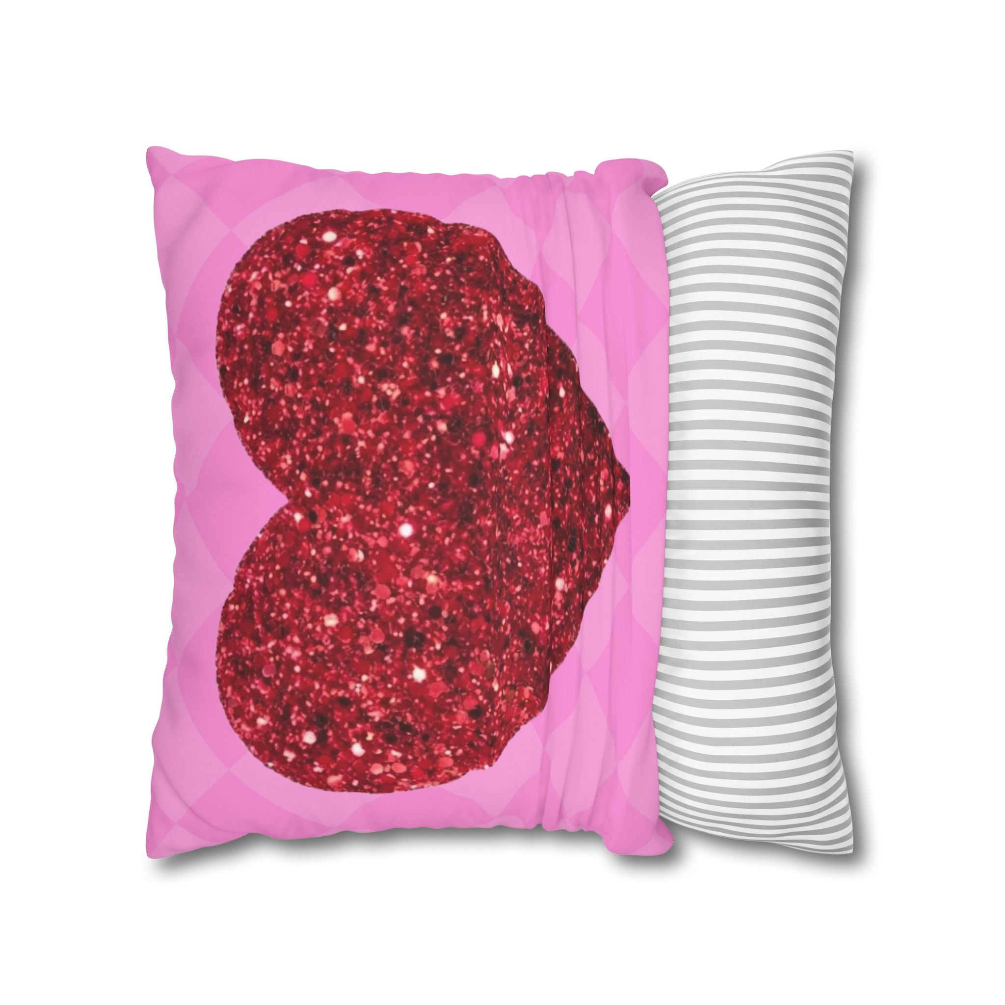 Valentine Glitter Heart Pillowcase — Pink Square Decorative Throw Pillow Cover