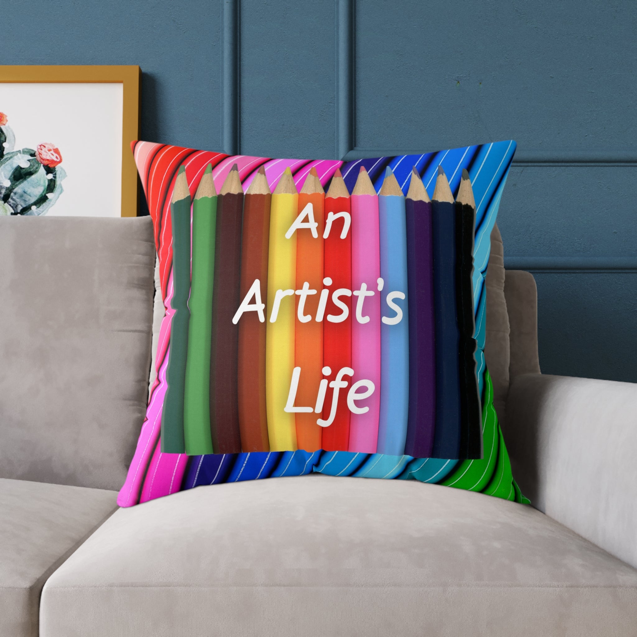 Artistic Square Throw Pillow - 'An Artist's Life' Colored Pencils / Abstract Paint Splash Decor