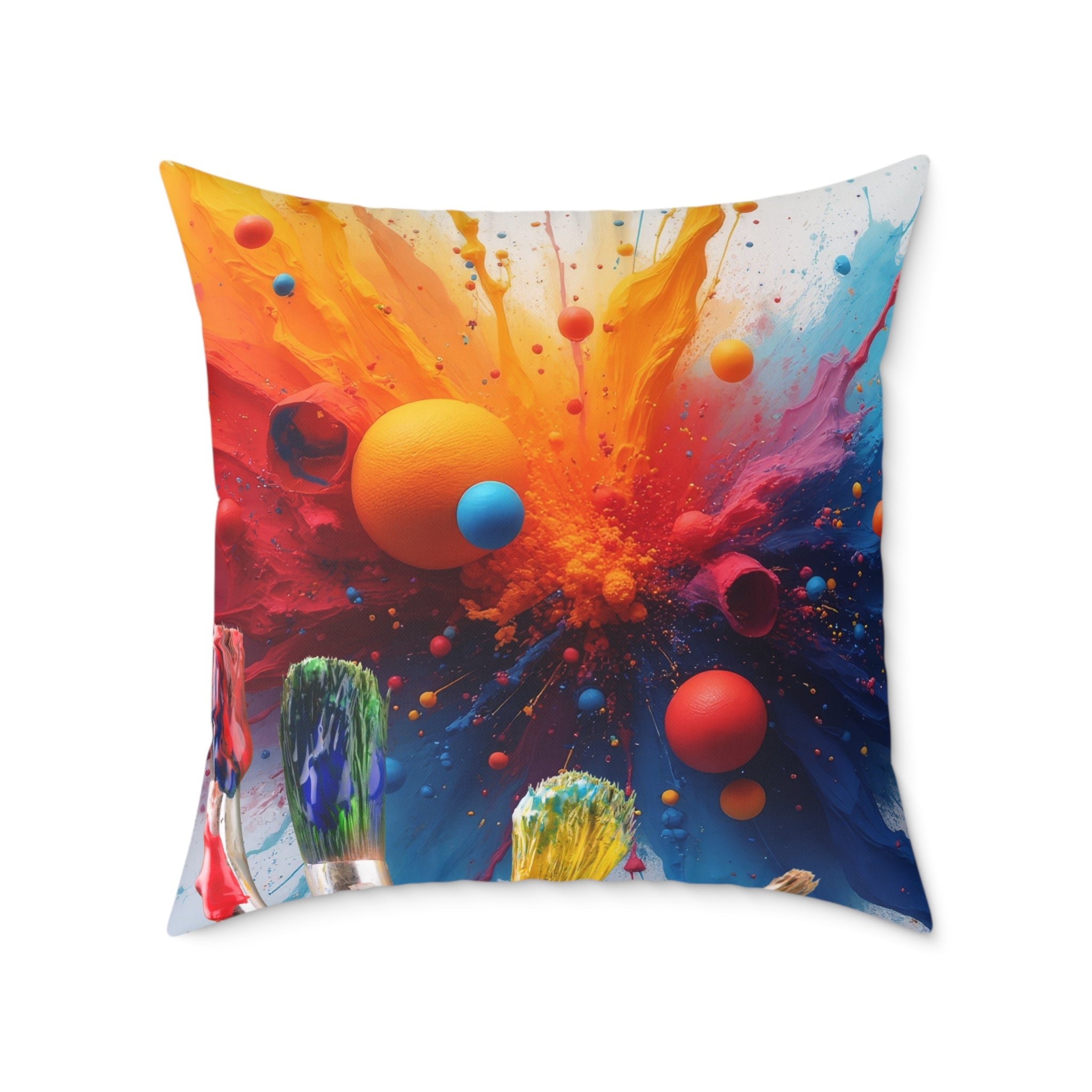 Artistic Square Throw Pillow - 'An Artist's Life' Colored Pencils / Abstract Paint Splash Decor